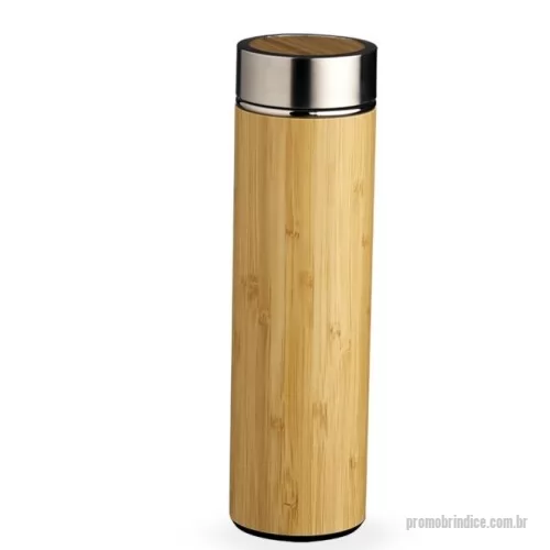 Garrafa personalizada - Garrafa de bambu e inox térmica 500ml com parede dupla e infusor. Conserva temperatura quente ou fria.