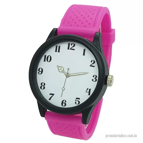 Relógio de pulso personalizado - Relógio de pulso analógico mecanismo Quartz máquina SL68 , caixa em ABS preta, pulseira de borracha PVC flexível e macia com detalhes de bolinha pink