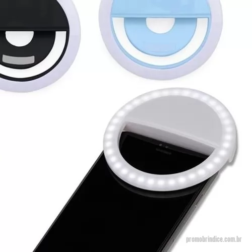 Acessório para celular personalizado - Anel de iluminação para celular, utilizado para fotos em formato selfie. “Ring light” plástico no formato “presilha” para encaixe, possui três estágios de iluminação acionados pelo botão superior. Acompanha cabo USB para carregamento.