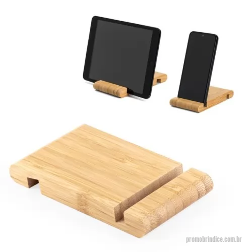 Acessório para celular personalizado - Suporte para celular em bambu, com 2 canaletas de tamanhos diferentes, uma em cada lado. A cor e o resultado da impressão nos materiais naturais pode variar entre produtos. 80 x 130 x 15 mm