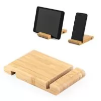 Suporte para celular em bambu, com 2 canaletas de tamanhos diferentes, uma em cada lado. A cor e o resultado da impressão nos materiais naturais pode variar entre produtos. 80 x 130 x 15 mm