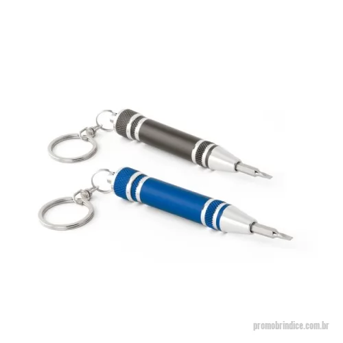 Acessório para chaveiro personalizado - Conjunto de mini chave de parafusos em metal com 3 pontas diferentes removíveis, tendo opção de guardar as peças no topo do corpo com tampa. Chaveiro incluso. ø13 x 75 mm.