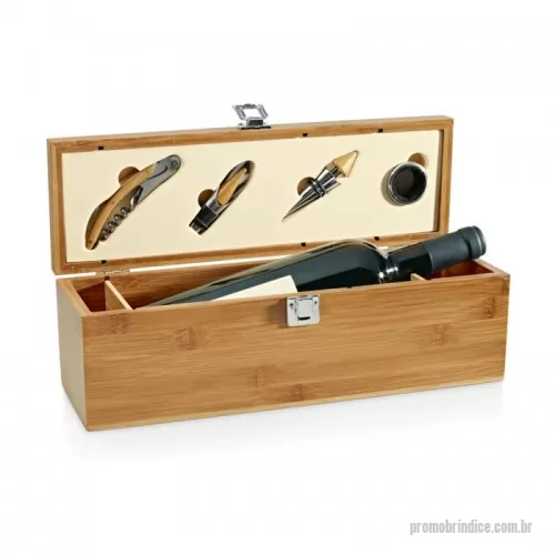 Acessório para vinho personalizado - Conjunto para vinho. Bambu e zinco. Saca-rolhas com canivete de sommelier, gargantilha, salva-gotas com tampa e rolha. 363 x 112 x 119 mm