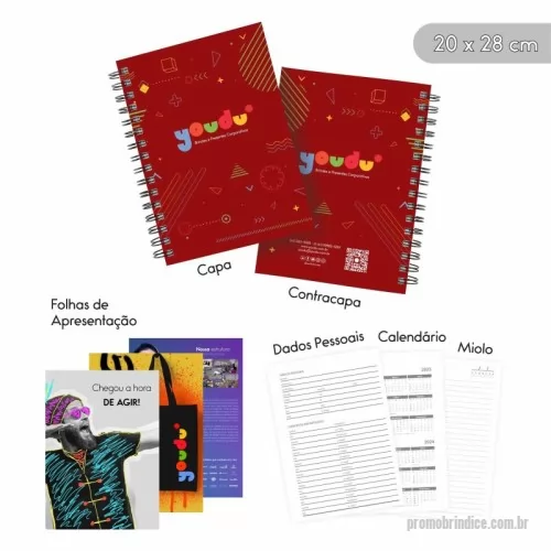 Agenda personalizada - Caderno Agenda Permanente Personalizado 15x21 cm. Capa dura empastada em papelão 20. Papel Couché 170g. 4x0 cores. Miolo 80 folhas/ 160 páginas pautadas. Offset 70g. 1x1 cor (preto). Laminação brilho ou fosca. Wire-o preto ou branco.