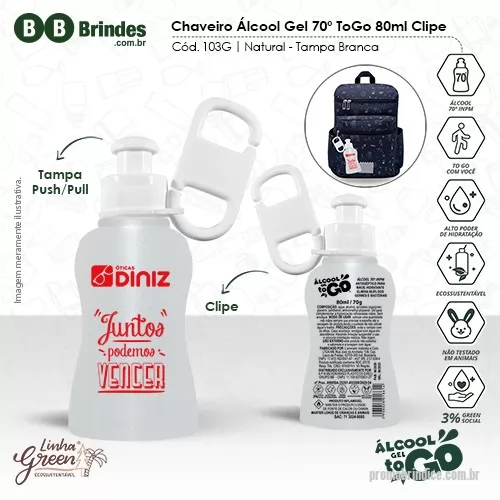 Álcool em gel personalizado - Álcool em gel Personalizado 103G com sua logomarca. 20 anos ajudando a cotar Brindes Promocionais com várias empresas num único clique. Chaveiro Álcool Gel 70 ToGo 80ml com clipeChaveiro Álcool Gel 70 ToGo 80ml com clipeÁlcool em gel Personalizado, 120592, Bb Brindes. Clique e Cote no Portal PromoBríndice!