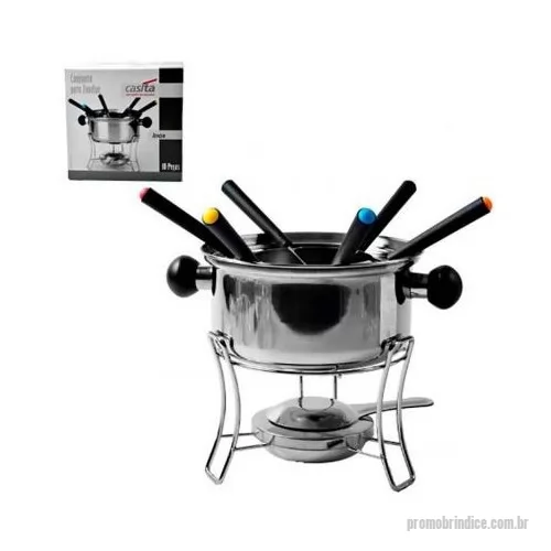 Aparelho de fondue personalizado - Conjunto de fondue, contém 10 peças: 6 garfos, 1 panela de fondue, 1 encaixe para os garfos, 1 suporte para panela e 1 fogareiro.