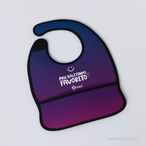 Babador personalizado - Babador Personalizado em Neoprene,  é confeccionado em Neoprene, um material de alta qualidade que tornará este brinde resistente e durável, possui fechamento em velcro, protege o bebê da sujeira dos alimentos e mantém o peito aquecido. É de fácil limpeza fazendo com que o produto esteja sempre limpo.
