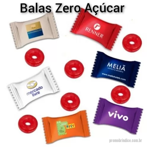 Bala personalizada - Balas Zero Açúcar com Embalagem Individual Personalizada. Sabor Cereja Mentolada. Embalagem especial, individual em polipropileno biorientado (BOPP) com aplicação de película protetora em toda a superficie da  embalagem, processo esse chamado de LAMINAÇÃO.  Impressão flexográfica centralizada e colorida com uso de tintas atóxicas a base de água. Não há limite de cores na impressão, porém, recomenda-se o  máximo de 06 cores. Não existe a cobrança de taxas por quantidades de cores na impressão, também não é o cobrado o clichê. Validade 24 meses.
