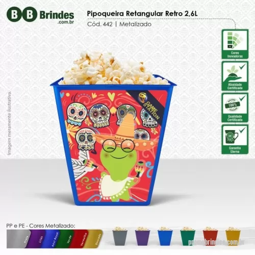 Balde de pipoca personalizado - Desenvolvido com matéria prima resistente e com design retro. Sugerido para todos os tipos de público, com foco em cinemas, supermercados e indústria de alimentos.