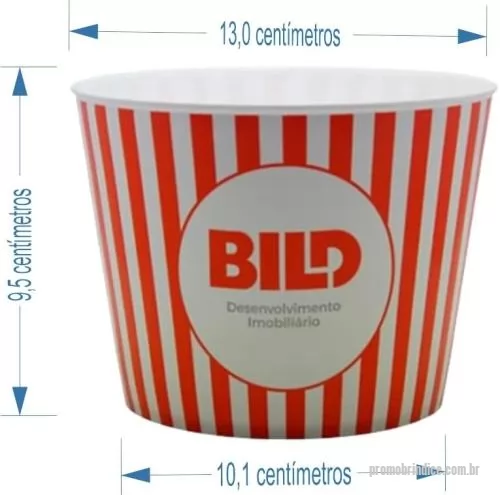 Balde de pipoca personalizado - Balde de pipoca com capacidade de 1 litro, produzido em polipropileno, com peso aproximado de 36 gramas, altura de 10,0 cm, diâmetro da boca de 13 cm e base de 10,1 cm, com aplicação de gravação IN MOLD LABEL integrada ao corpo, garantindo acabamento