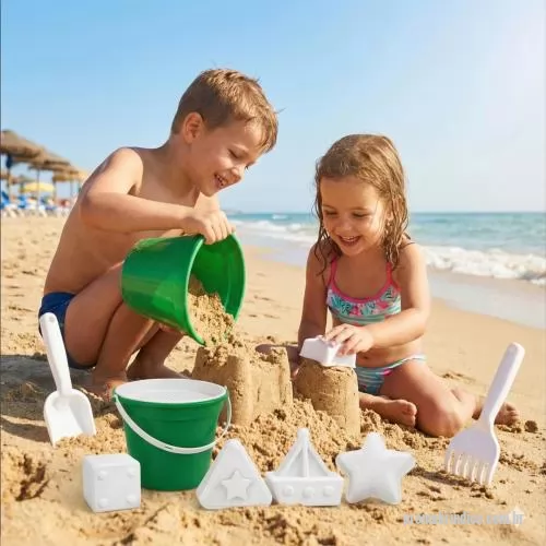 Balde personalizado - Balde de praia com alça produzido em polipropileno, com capacidade de 1,0 litro, peso aproximado de 103 gramas, acompanhado de peneira, pá, rastelo e 2 forminhas, formando um kit completo para atividades recreativas. Conta com estrutura leve e resist