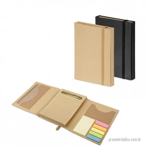 Bloco adesivado ecológico personalizado - Kit para escritório. Cartão. Com caderno (80 folhas pautadas em papel reciclado), 6 blocos adesivados (25 folhas cada), 1 régua de 12 cm, 1 esferográfica em papel kraft e suporte para cartões de visita. 110 x 153 mm