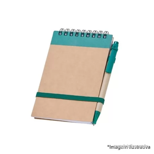 Bloco Anotações personalizado - Bloco de anotações ecológico em kraft com detalhe plástico, 70 folhas pautadas brancas, porta-caneta elástico e fecho com elástico. Acompanha caneta de papelão com detalhes plásticos, carga azul 1.0mm e acionamento por clique. Compacto e sustentável, mede 14,9 cm (C) x 9 cm (L) x 1,5 cm (E).
