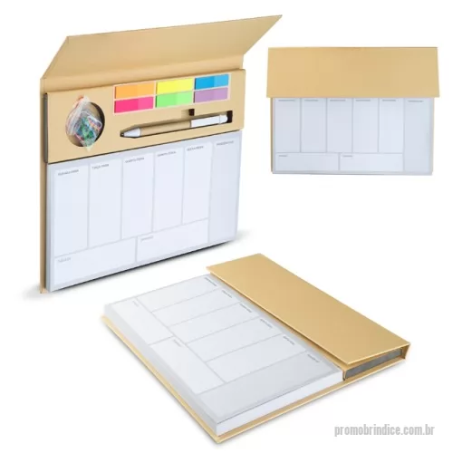 Bloco Anotações personalizado - Mini caderno em papel Kraft, contendo:  Bloco de Planejamento Semanal em português, com 100 folhas; 6 Sticky notes coloridos; 1 Caneta de Papelão; Acompanha clipes coloridos.Dimensão do Produto: 20x24,8x1,5cm (AxLxP) Dimensão do produto: 14xø0,9cm (Caneta) (AxøD)