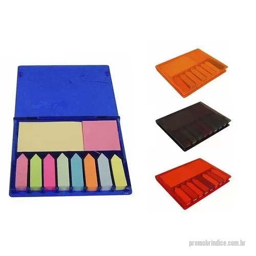 Bloco Anotações personalizado - Bloco de anotações plástico inteiro colorido com post-it. Possui 8 mini blocos auto-colantes com aproximadamente 100 folhas, um bloco médio com 100 folhas e bloco maior também com 100 folhas. Gravação em Silk.