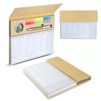 Mini caderno em papel Kraft, contendo:  Bloco de Planejamento Semanal em português, com 100 folhas; 6 Sticky notes coloridos; 1 Caneta de Papelão; Acompanha clipes coloridos.Dimensão do Produto: 20x24,8x1,5cm (AxLxP) Dimensão do produto: 14xø0,9cm (Caneta) (AxøD)