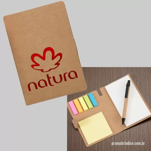 Bloco personalizado - Bloco de anotações ecológico, material em kraft. Possui uma trava na própria capa, cinco blocos autoadesivos coloridos com aproximadamente 25 folhinhas , bloco autoadesivo amarelo com aproximadamente 25 folhas e bloco grande com aproximadamente 70 folhas. OBS.: IMAGEM MERAMENTE ILUSTRATIVA, não acompanha caneta!