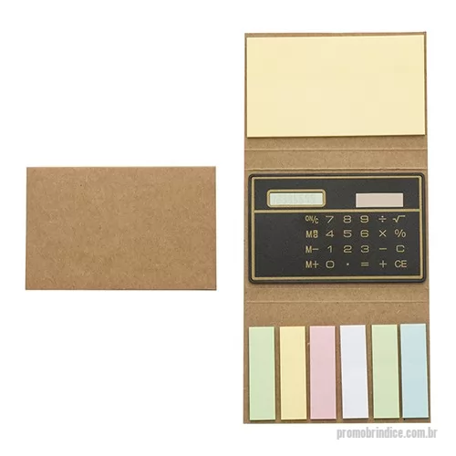 Bloco personalizado - Tamanho 9 cm x 6 cm. Bloquinho de notas com calculadora solar e conjunto de post-it.