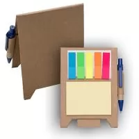 Tamanho 13,5 cm x 9,5 cm. Bloco de anotação ecológico com apoio para deixar ele em pé com post -it Contém: 25 folhas amarelas 50 marcadores coloridos 1 caneta reciclada na cor azul que poder ser pendurada na lateral do bloco de notas.