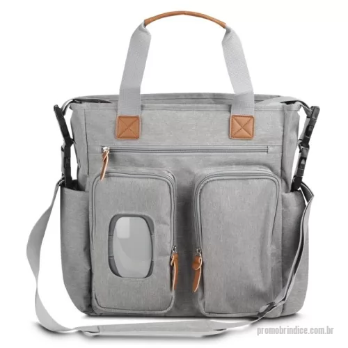 Bolsa carteiro personalizada - Mochila funcional em poliéster e couro sintético, compartimento com divisórias, alça de ombro e mão, 4 bolsos laterais.