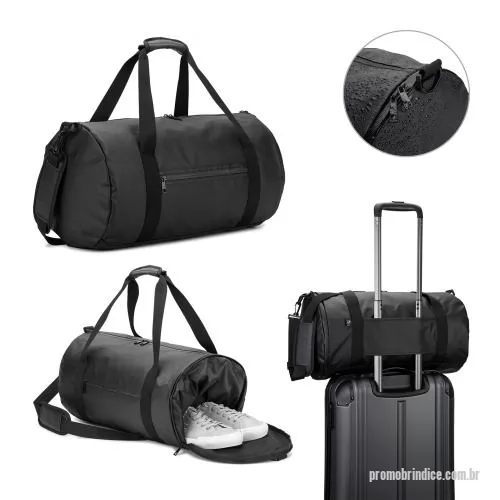 Bolsa de academia personalizada - Bolsa esportiva em formato cilíndrico adequado para levar o imprescindível para os seus treinos e atividades. Composto por poliéster reciclado 600D de alta densidade com revestimento resistente à água e forro em poliéster reciclado 210D. Possui um co