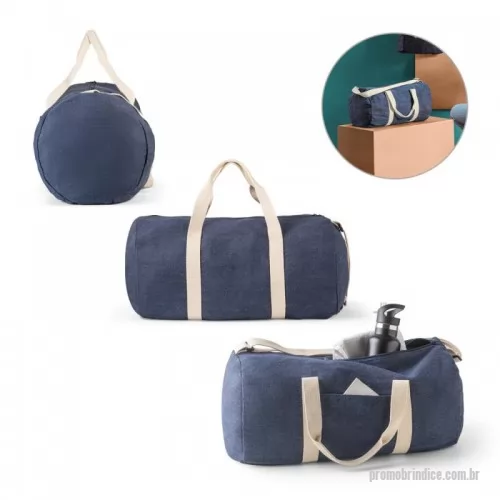 Bolsa de viagem personalizada - Sacola esportiva ou viagem em denim (300 g/m²). Contém bolso frontal, fecho duplo e costuras reforçadas. Possui alças em webbing de algodão e alça de ombro ajustável até 130cm. Ø260 x 480 mm