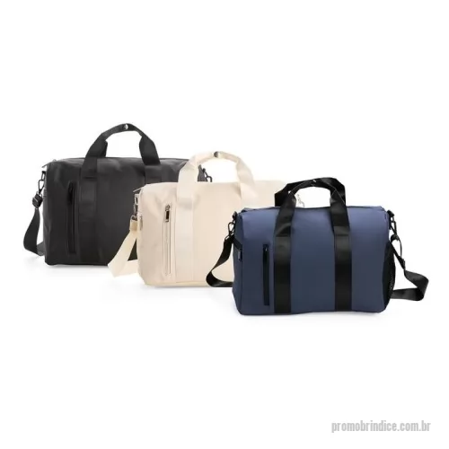 Bolsa de viagem personalizada - 	Bolsa confeccionada em couro sintético impermeável com fechamento em zíper e capacidade máxima de 20 litros. Apresenta compartimento interno revestido em nylon e bolso dedicado a objetos menores. Possui dois compartimentos externos em tamanhos diferentes, bolso em tela de nylon e três alças: duas de mão e uma transversal removível.