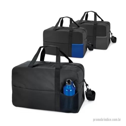 Bolsa Esportiva personalizada - Bolsa esportiva em 600D. Fundo com placa semi-rígida, bolso frontal com zíper e bolso em tela. Alça de ombro ajustável, com reforço. Squeeze não incluso. 460 x 290 x 220 mm