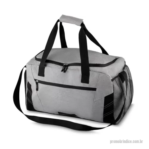 Bolsa Esportiva personalizada - Mala esportiva em poliéster na cor cinza, bolso com zíper frontal, bolso lateral com zíper e alça de mão e ombro. medidas: 530x300x240mm.