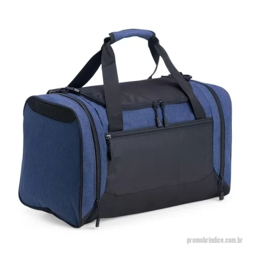 Bolsa Esportiva personalizada - Bolsa de 46 litros confeccionada em nylon resistente à água, com quatro compartimentos, incluindo um bolso lateral com parte telada exclusivo para tênis. Possui alça transversal regulável e removível, além de duas alças de mão. Cores Disponíveis: Azul e Cinza.