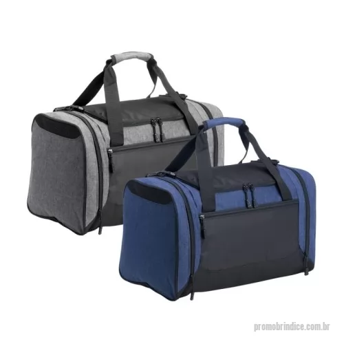 Bolsa Esportiva personalizada - Bolsa de 46 litros confeccionada em nylon resistente à água, com quatro compartimentos, incluindo um bolso lateral com parte telada exclusivo para tênis. Possui alça transversal regulável e removível, além de duas alças de mão.