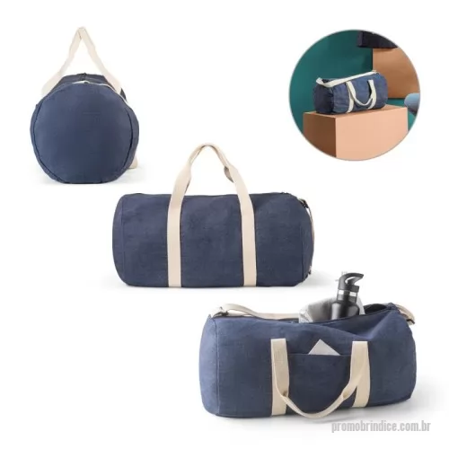 Bolsa Esportiva personalizada - Sacola esportiva ou viagem em denim reciclado (300 g/m²). Contém bolso frontal, fecho duplo e costuras reforçadas. Possui alças em webbing de algodão e alça de ombro ajustável até 130cm. Ø260 x 480 mm