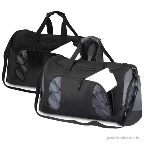 Bolsa Esportiva personalizada - Mala esportiva em tecido poliéster 600D e 210D na parte inferior, compartimento interno para roupas e compartimento externo para roupa suja. Na parte inferior da mala possui 4 borrachas de apoio para que a mala não encoste diretamente no chão. Zíper frontal e bolsos laterais, com alça de mão e ombro.