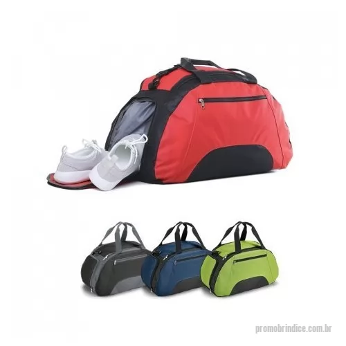Bolsa Esportiva personalizada - Bolsa esportiva em 600D com fundo em placa semi-rígida. Bolso frontal e bolso lateral para calçado, ambos com zíper. Alça de ombro ajustável. 