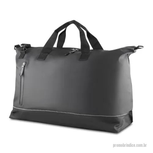 Bolsa Esportiva personalizada - 	Mala bolsa esportiva em PU com revestimento interno em poliéster 210D. Possui faixa refletiva, bolso frontal com zíper, alça de mão e alça de ombro ajustável, além de dois compartimentos internos.