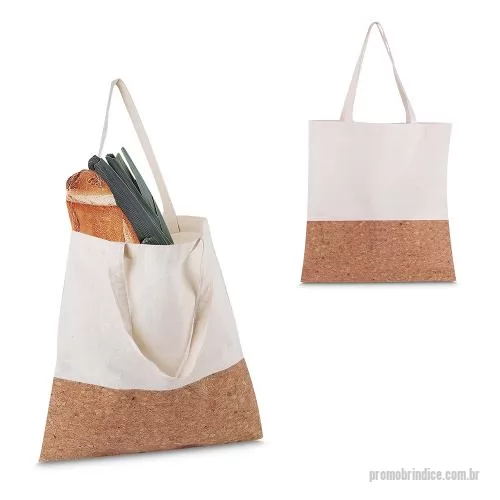 Bolsa multiuso personalizada - Sacola em algodão cru 140g/m² com detalhe em cortiça. Alça com altura de 9 cm, ideal para transporte.