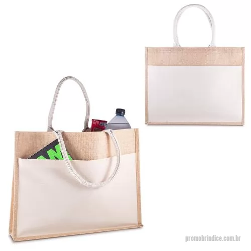 Bolsa multiuso personalizada - Sacola em Juta com bolso frotal em Algodão Cru 220g/m². Alças resistentes de Algodão Cru,interior revestido em plástico PP. Base plana para maior estabilidade. Alça com altura de 20 cm, ideal para transporte.