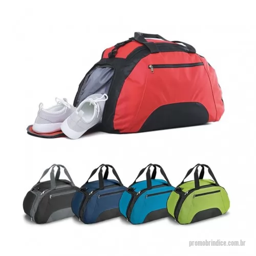 Bolsa personalizada - Bolsa esportiva. 600D. Divisória interior e fundo com placa semi-rígida. Bolso frontal e bolso lateral para calçado, ambos com zíper. Alça de ombro ajustável. 520 x 300 x 255 mm