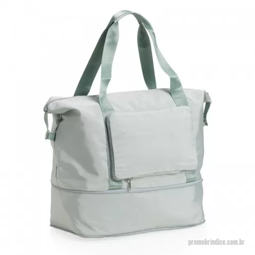 Bolsa personalizada - Bolsa dobrável e expansível de 35 litros em poliéster à prova dágua com dois compartimentos e bolsos internos. Sendo dois deles exclusivos para tênis e itens molhados. Contém bolso para encaixe em malas de viagem e acompanha alça transversal.