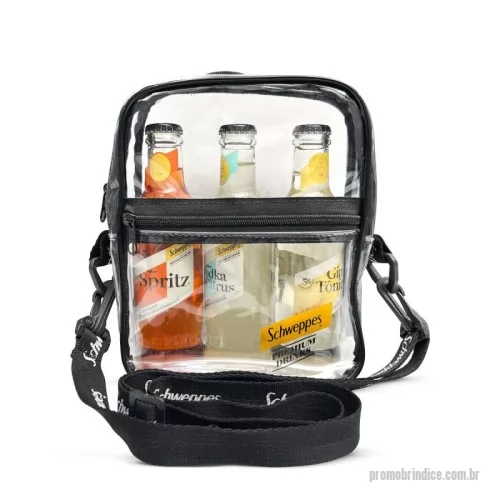 Bolsa personalizada - Bolsa confeccionada em PVC cristal 0,20, com alças transversal em poliéster. - possui bolso frontal para compartimento - dimensões: 15 x 21 x 5cm.