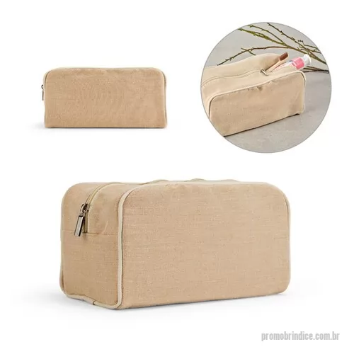 Bolsa personalizada - Bolsa de cosméticos em juco (mistura de algodão e juta, 260g/m²) com interior forrado em tecido 70% algodão reciclado e 30% poliéster reciclado. Compartimento espaçoso com zíper. 250 x 130 x 100 mm