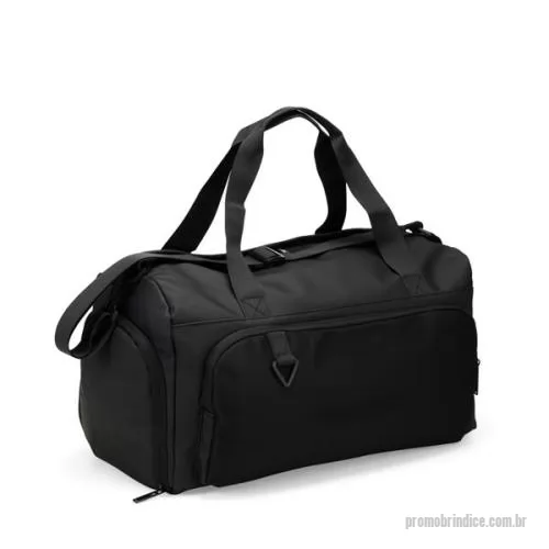 Bolsa personalizada - Bolsa confeccionada em couro sintético com capacidade de até 32 litros. Apresenta compartimento interno com bolso de zíper e outros dois bolsos abertos. Conta ainda com cinco compartimentos externos em diferentes tamanhos, incluindo um lateral dedica