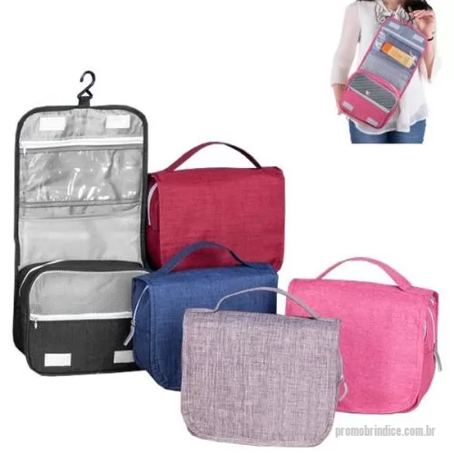 Bolsa personalizada - Bolsa de cosméticos em nylon oxford com vários bolsos no interior para organização, e gancho de pendurar, tamanho aproximado de 20,5x22cm.