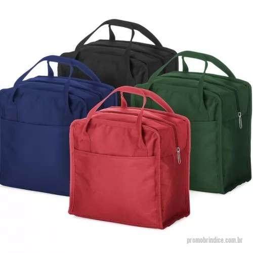 Bolsa térmica personalizada -  Bolsa térmica 7 litros em nylon com dois bolsos externos nas laterais, alça para mãos e revestimento interno térmico.