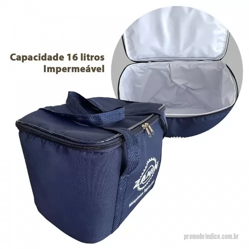 Bolsa térmica personalizada - Bolsa térmica para bebidas personalizada, confeccionada com tecido nylon, revestimento com espuma e tecido laminado, fechamento em ziper e alças para transporte. Tamanho: 33x21x24 cm (LxPxA). Capacidade 16 litros.