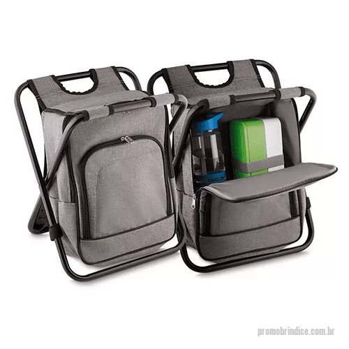 Bolsa térmica personalizada - Bolsa térmica e cadeira, capacidade 10 litros, tecido polyester, com bolso frontal, cor cinza, alça de costas regulável, parte interna soldada, retém liquido.