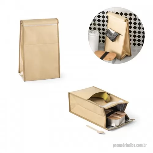 Bolsa térmica personalizada - Bolsa térmica até 4 L em papel com forro em non-woven e interior com isolamento térmico em alumínio. Fecho com velcro e bolso frontal.