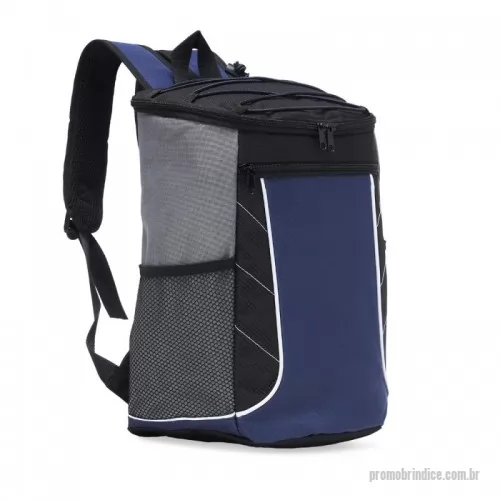 Bolsa térmica personalizada - Bolsa térmica de poliéster com dois compartimentos, capacidade de 18 litros. A bolsa possui revestimento térmico em PEVA atóxico, bolsos laterais telados, alça de mão e alça para as costas com revestimento espumado.