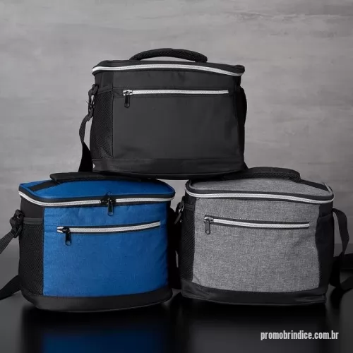 Bolsa térmica personalizada - Bolsa térmica de nylon 10 litros com dois compartimentos e bolsos laterais em malha. Compartimento principal com revestimento térmico.