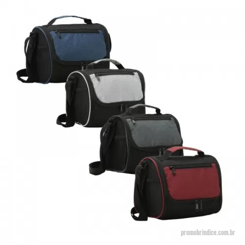 Bolsa térmica personalizada - Bolsa térmica de poliéster com dois compartimentos, capacidade de 7 litros. A bolsa possui revestimento térmico em PEVA atóxico, alça de mão, bolsos laterais telados e alça transversal.